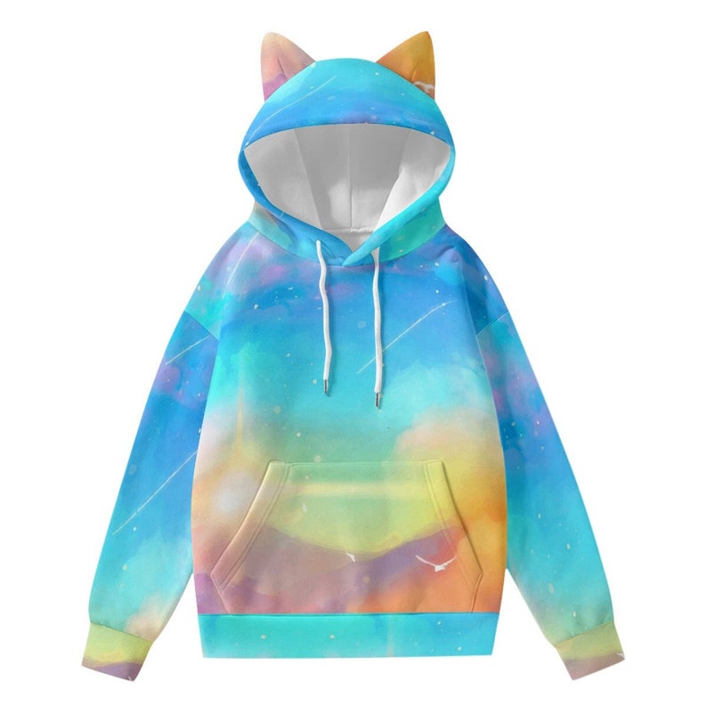 May include: A blue, yellow and pink ombre hoodie with cat ears. The hoodie has a white drawstring and a kangaroo pocket.