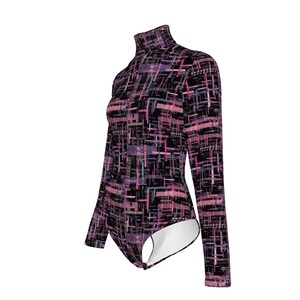 May include: A black long-sleeved bodysuit with a geometric pattern in shades of pink and purple.