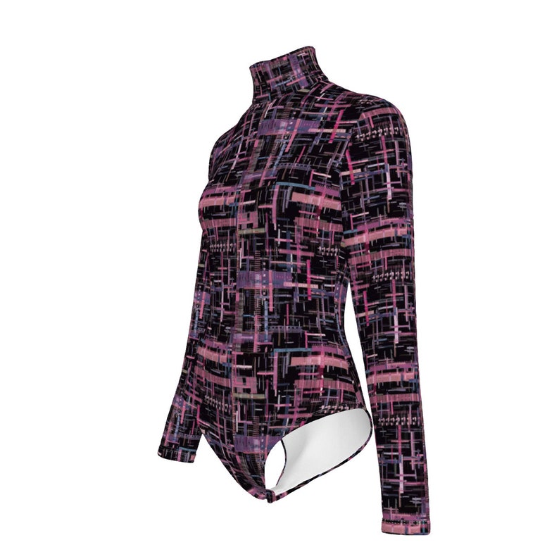 May include: A black long-sleeved bodysuit with a geometric pattern in shades of pink and purple.