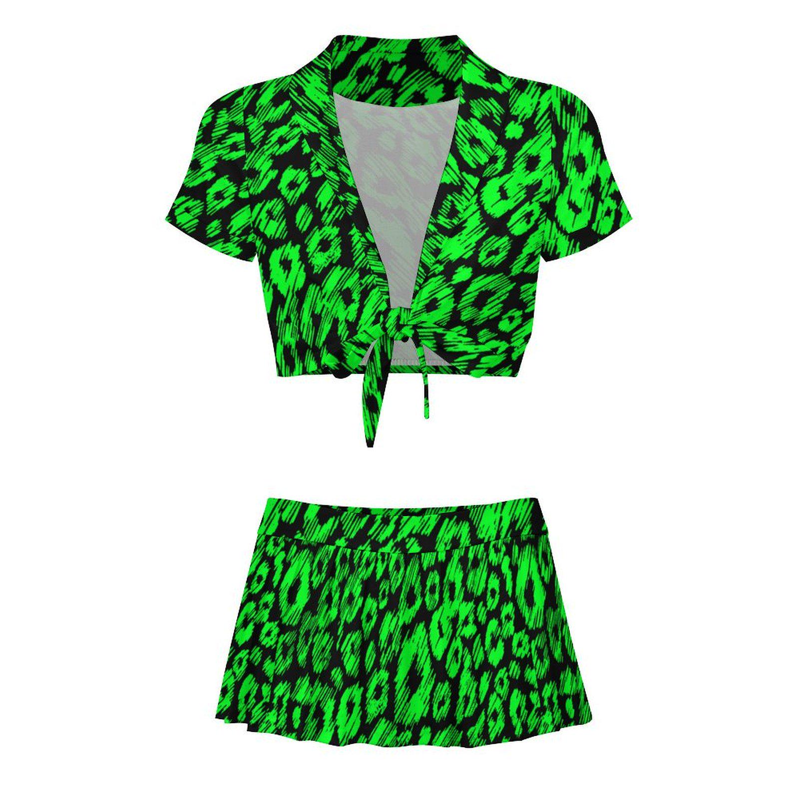 Leopard Rave Top Rave Cheer Set, Cheerleader Costume, Cropped Top and Skirt Set, Neon ...