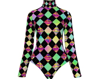 Argyle Glitch Turtleneck Bodysuit, Sci-Fi Y2K Fashion