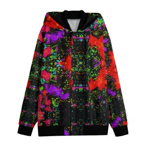 May include: A black hooded bomber jacket with a colorful abstract print featuring red, green, blue, purple, and yellow.