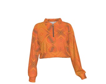 Orange Waffle Knit Cropped Pullover, Half-Zip Long Sleeve