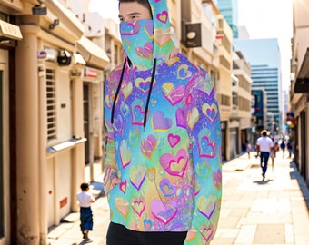 Decora Kei Fashion Hoodie with Mask, Neon Rainbow Hearts, Plus Size