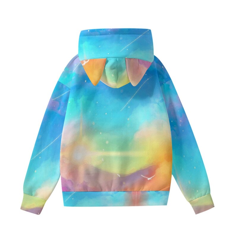 May include: A blue hoodie with a colourful tie-dye pattern and a pair of small, colourful ears on the hood.