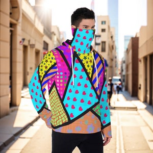 Patchwork Hoodie, XS to 6XL, Decora Kei Fashion, Neon Rave Jumper, Rainbow Sweatshirt, Hoodie with Mask, Plus Size Kawaii, Haaady Gyaru