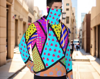 Patchwork Decora Kei Hoodie with Mask, Plus Size Rainbow Sweatshirt