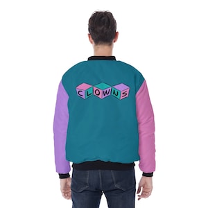 Jaqueta bomber de palhaço, casaco de blocos de cores, roupas de palhaço, roupas de kidcore, pop kei, roupas kawaii plus size