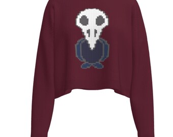 Knitted Skull Bird Cropped Pullover, Gothic Red Cotton Jumper