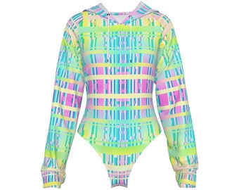 Neon Rainbow Glitch Hooded Bodysuit, Rave Catsuit