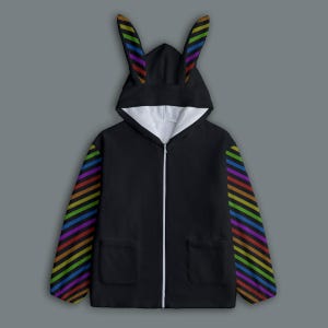 Moletom com capuz de coelho arco-íris, moletom com capuz de coelho de pelúcia, Harajuku kawaii escuro, roupas infantis, moda sem gênero, moletom com capuz com orelhas, roupas fofas de inverno