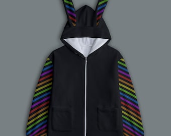 May include: Black zippered hoodie with rainbow striped sleeves and bunny ears on the hood.
