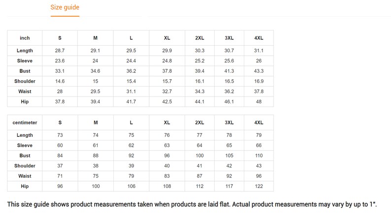 May include: Size guide chart for clothing in inches and centimeters. The chart shows measurements for length, sleeve, bust, shoulder, waist, and hip. Sizes range from S to 4XL.