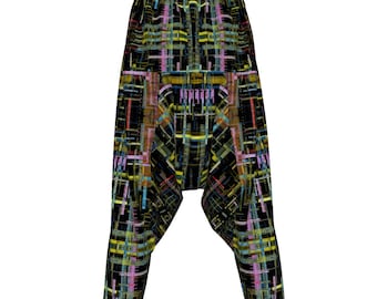 Pantalones harem glitchcore arcoíris, estilo ciber gótico.