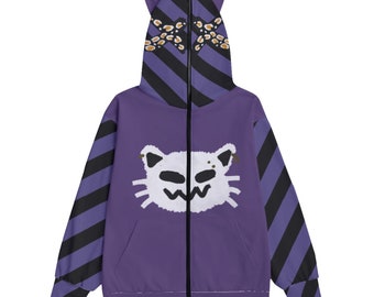 Punk Katze Zip Gesicht Hoodie, Neon Punk Jacke, Dekoratives Ohr Hoodie, Clowncore Kleidung, Gyaru-o Style, Punk Gyaru Kleidung, Scenecore Fashion