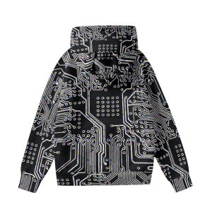 May include: Black hoodie with a white circuit board pattern. The hoodie has a drawstring hood and long sleeves.