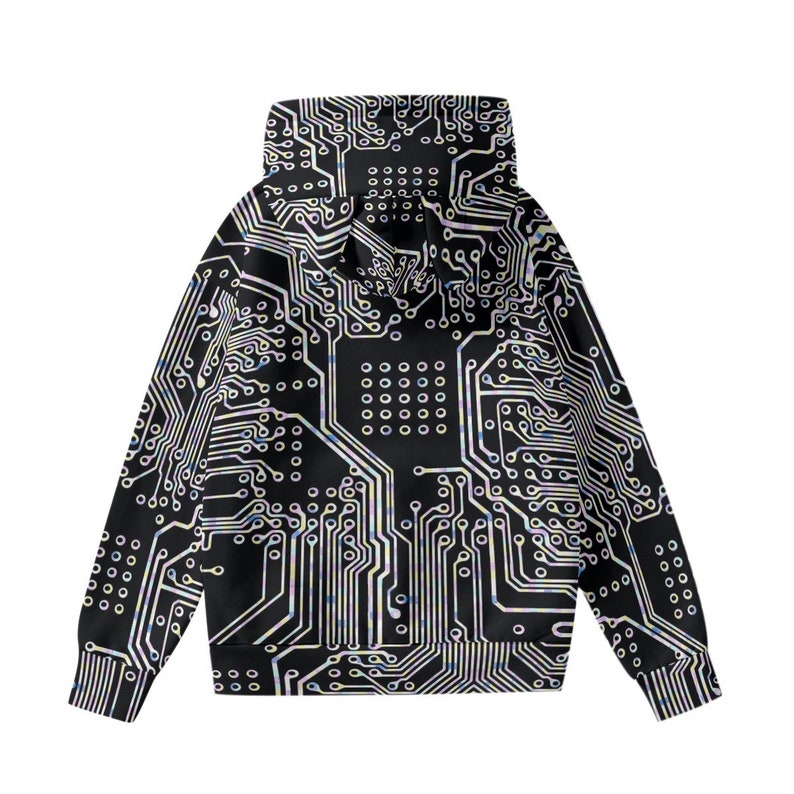 May include: Black hoodie with a white circuit board pattern. The hoodie has a drawstring hood and long sleeves.