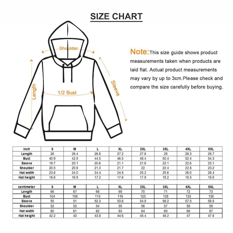 May include: A size chart for a hooded sweatshirt, with measurements in inches and centimeters. The chart includes dimensions for length, bust, sleeve, shoulder, hat width, and hat height, ranging from size S to 5XL.