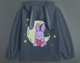 Moon Bunny Hoodie, Plush Bunny Hoodie, Kawaii Harajuku, Kidcore Clothing, Genderless Fashion, Hoodie with Ears, Cute Winter Clothes