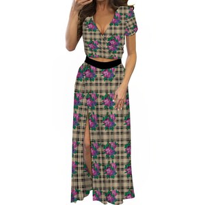 Gyaru Two Piece Outfit, Wrap Top and Skirt Set, Shibuya Style, Cottagecore Fashion, Harajuku Gal, Tartan Maxi Skirt