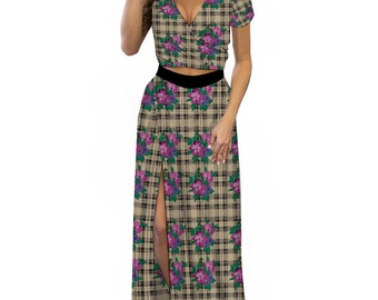 Gyaru Two Piece Outfit, Wrap Top and Skirt Set, Shibuya Style, Cottagecore Fashion, Harajuku Gal, Tartan Maxi Skirt