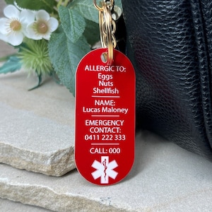 Personalised Medical Alert Bag Tag | Personalised Medical Alert Keyring | Custom Allergy Tags | Custom Medical Tag  | Medical Tag