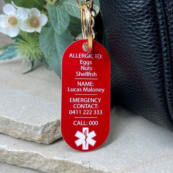 Personalised Medical Alert Bag Tag | Personalised Medical Alert Keyring | Custom Allergy Tags | Custom Medical Tag  | Medical Tag