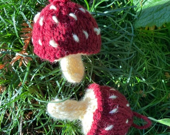 Pair of Hand Knit Mushroom Ornaments