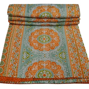 Indian Handmade Kantha Quilt Queen Size Pure Cotton Kantha Bedspread Vintage Quilt Orange Kantha Blanket Throw Bedding Boho Quilt