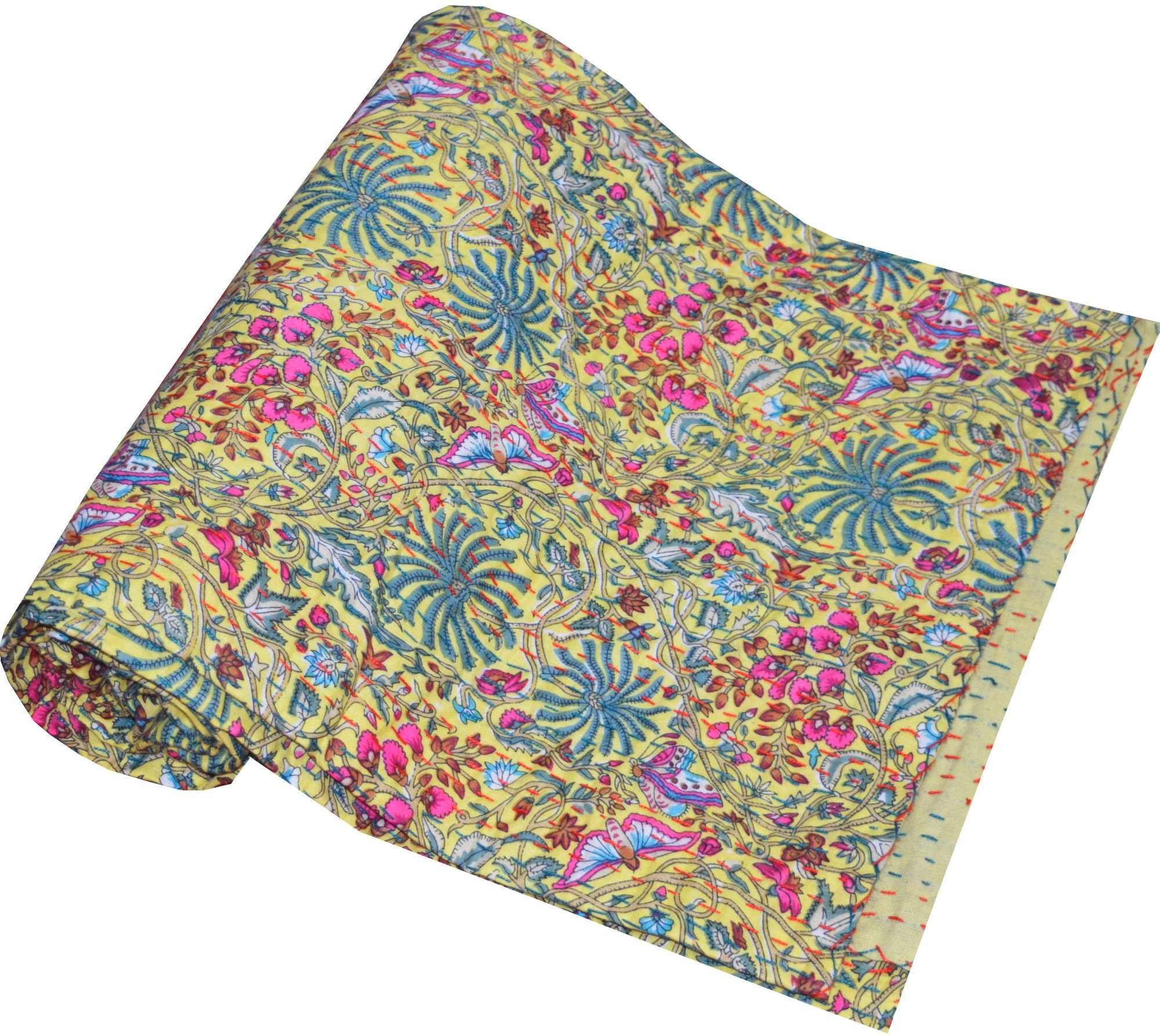 Floral Print Quilt Cotton Quilted Blanket Indian Queen Etsy