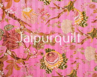 Floral Kantha Quilt, Pink Indian Cotton Queen Blanket, Handmade