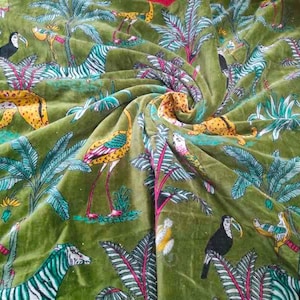 Luxury Cotton Velvet Animal Printed Indian Fabric Green Velvet Fabric For Upholstery Bag lampshade Curtain Quilting And Home Decor.