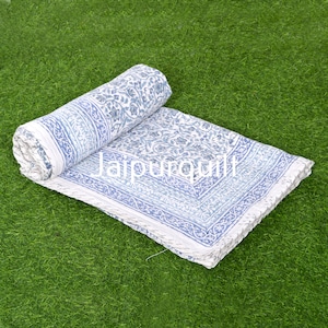 Indian Hand Block Print Bed Cover Handmade Kantha Quilt Throw Blanket, Kantha Queen/ Twin Bedspread Bedding,