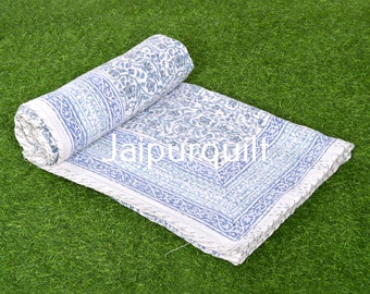 Handmade Indigo Kantha Quilt, Indian Block Print Cotton Bedspread