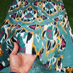 Indian Velvet Green Hand Block Ikat Printed by The Yard Home Décor, Dress Curtain Making Sewing Velvet Fabric Crafting upholstery Fabric