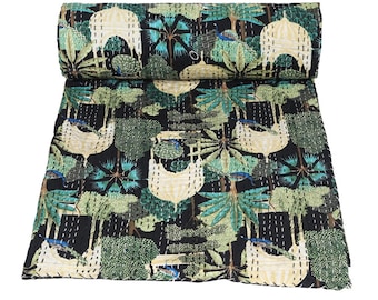 Handmade Indian Kantha Quilt: Floral Cotton Bohemian Bedspread