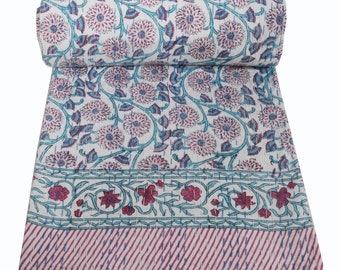 Hand Block Print Cotton Kantha Quilt, Indian Floral Bedspread