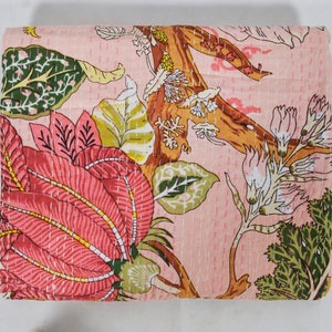 Floral Print Quilt Queen Kantha Quilt Peach Quilt Kantha Bedspread Cotton Blanket Indian Bed Cover Bohemian Quilt Kantha Quilt Queen Quilts