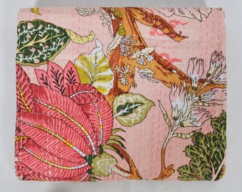 Floral Print Queen Kantha Quilt, Peach Bohemian Bed Cover