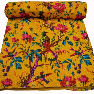 Indian Handmade Kantha Quilt Bedspread Kantha Blanket Bohemian Kantha Yellow Bird Print Gudari Queen and Twin Size Throw KIng Bedspread