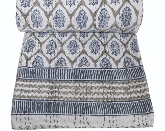 Handmade Block Print Kantha Quilt - Queen Size Cotton Blanket