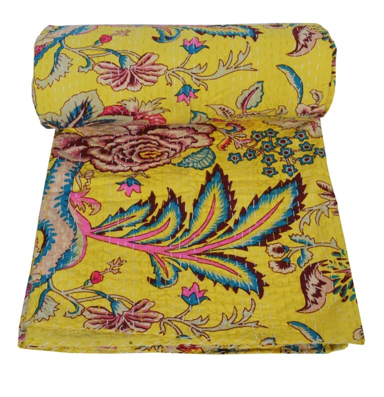 King Size Quilt Indian Kantha Quilts Multi Floral Print Yellow Quilt