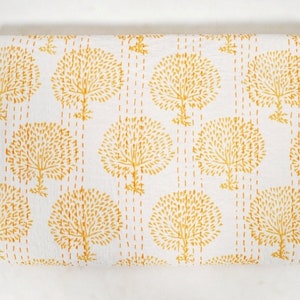 Kantha Quilt Queen Hand Block Print Kantha Throw Quilt Pure Cotton Yellow Floral Print Quilt Kantha Bedspread White Queen Quilt