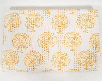 Hand Block Print Kantha Quilt - Pure Cotton Yellow Floral Bedspread