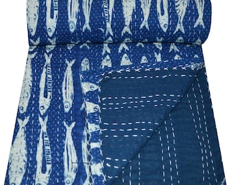 Blue Fish Print Kantha Quilt, Boho Cotton Bedspread Queen Size