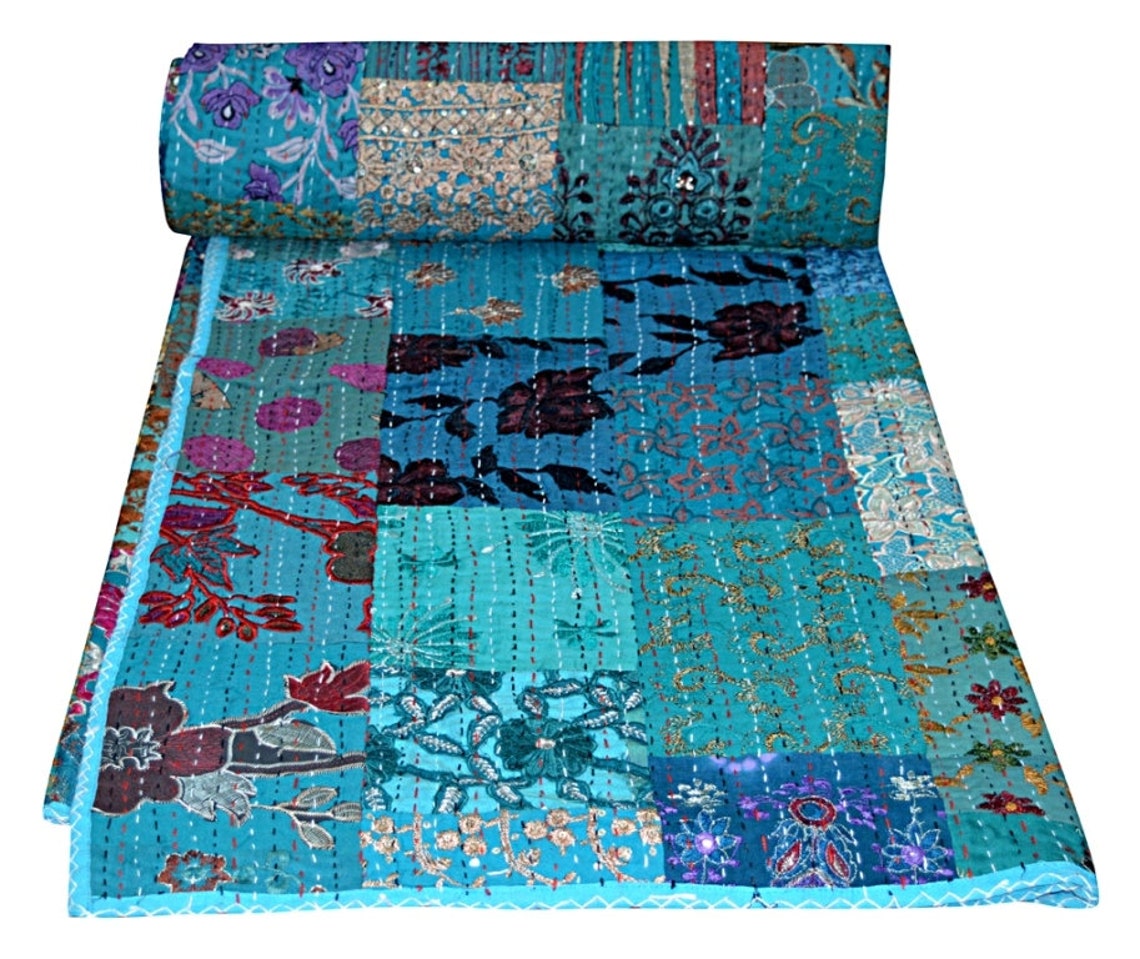 Indian Cotton Queen Kantha Quilt Floral Bedspread Ethnic Ralli Etsy
