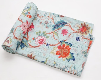 Handmade Floral Block Print Kantha Quilt: Boho Cotton Bedspread