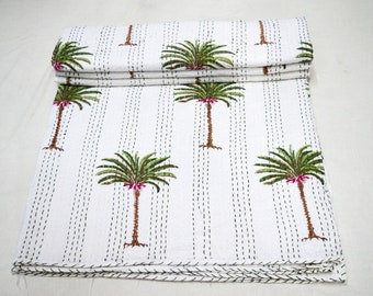 Palm Tree Print Kantha Quilt - Boho Cotton King Bedspread