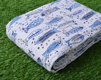 Hand Block Fish Print Kantha Quilt - Bohemian Indian Bedspread