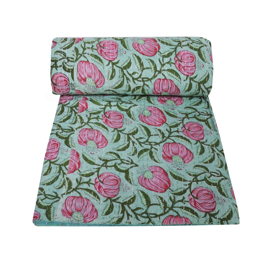 New Floral Print Green Kantha Quilt King Size Quilt Cotton Kantha